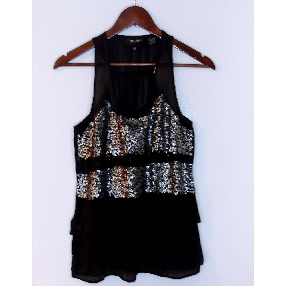 Miss Me Sequin Tank Top Sleeveless Party Layered Black Silver Size M / #5182‎